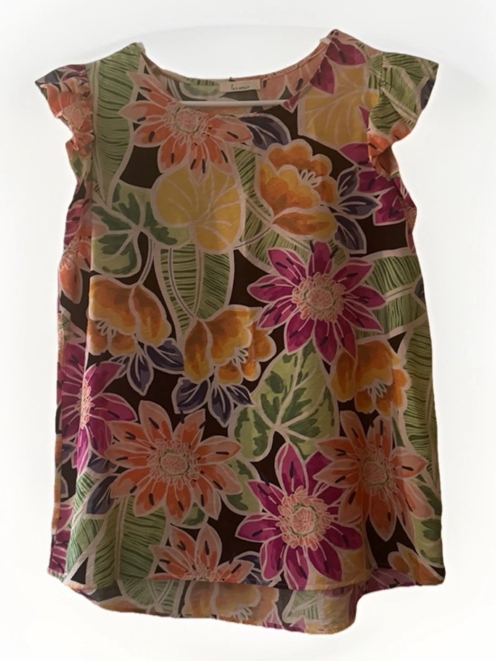 Les Amis Large Floral Ruffle Cap Sleeve‎ Blouse Pink Orange Tropical Print EUC
